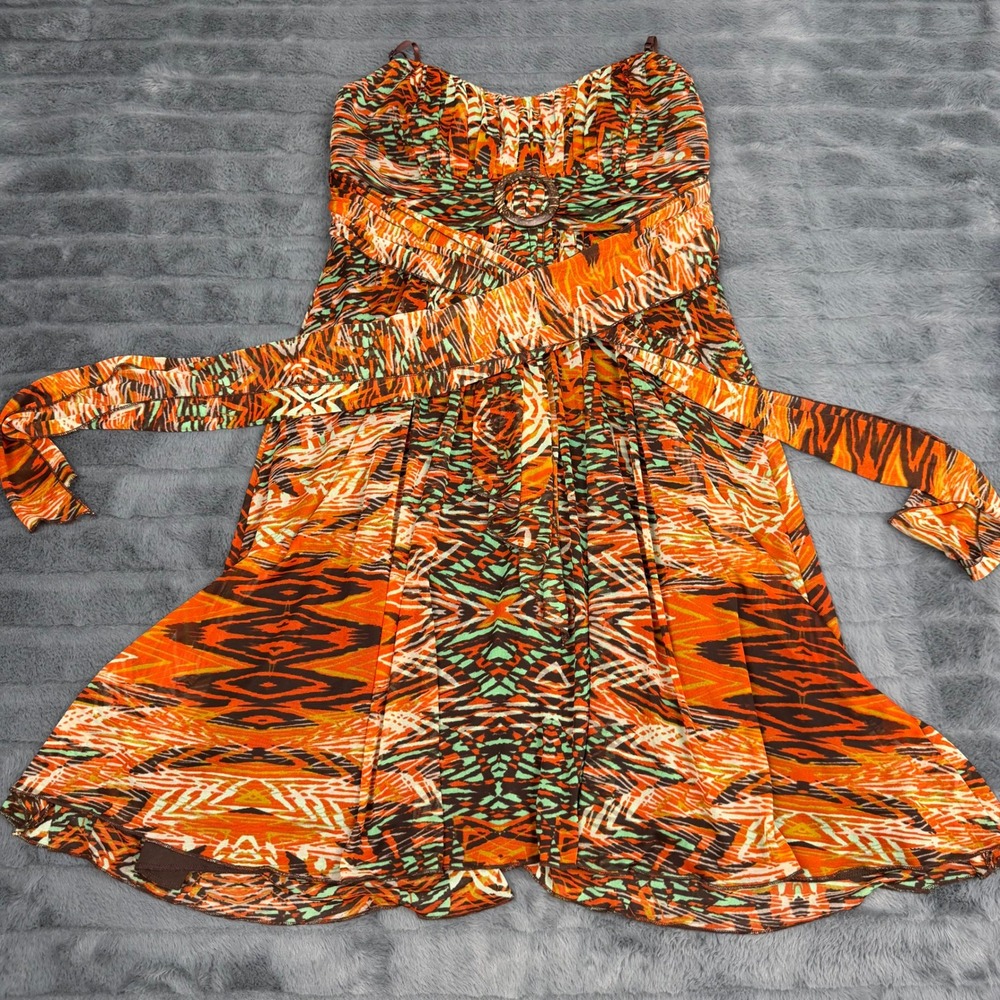 Ruby Rox Womens Orange Green Abstract Geometric O-Ring Tie Waist Dress S YLC9688